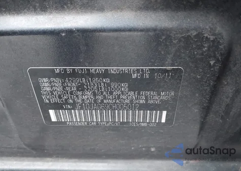 2012 Subaru Impreza 2.0I Limited from USA, damaged, VIN JF1GJAG69CH005012